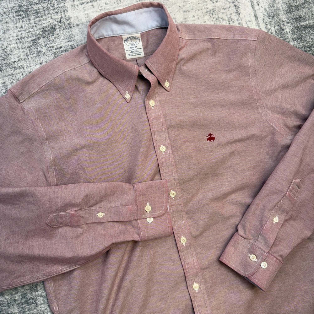 Brooks Brothers Shir Mens Large Red Oxford Cotton Stretch Regent Fit Preppy OCBD